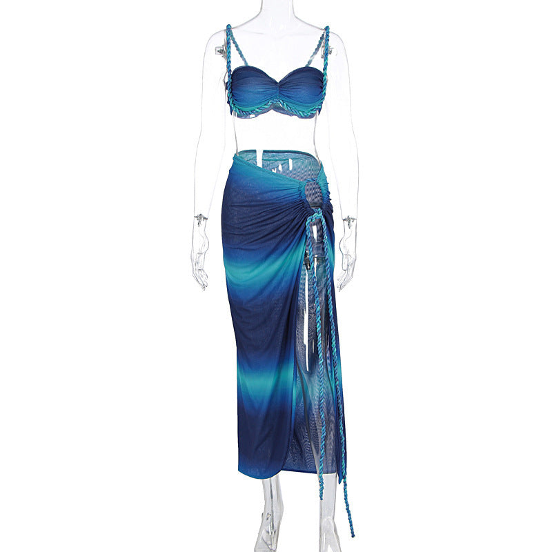 Women's Sleeveless Tie-Up Hollow-Out Beach Sexy Long Dress Set Backless Casual