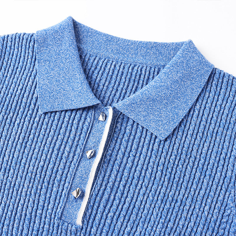 Minimalist Turn-Down Collar Short Sleeve Knit Top for Women Unique Design Style