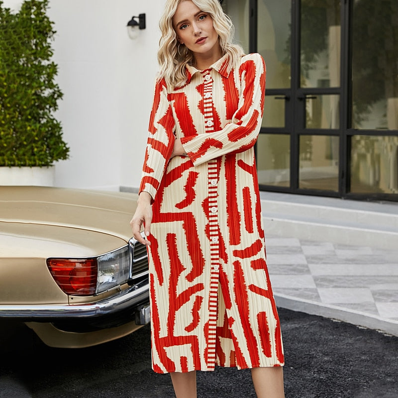 Pleated Women Vintage Printed Dress Turn-down Collar Button Cardigan Single Breasted Coats Designer Aesthetic Long Dress