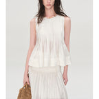Elegant Ruffled Lace Sleeveless Blouse for Women with Round Neck and Beaded Decoration