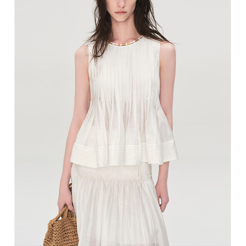 Elegant Ruffled Lace Sleeveless Blouse for Women with Round Neck and Beaded Decoration