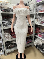 New Women's Sexy One-Shoulder Luxurious Beaded Long Bandage Dress Noble Style Evening Gown