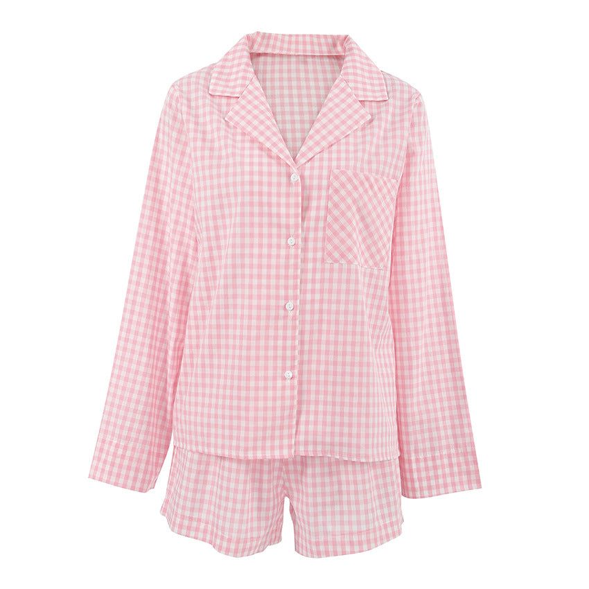 New checkerboard patterned cardigan pajamas two-piece pink casual and comfortable women's home wear