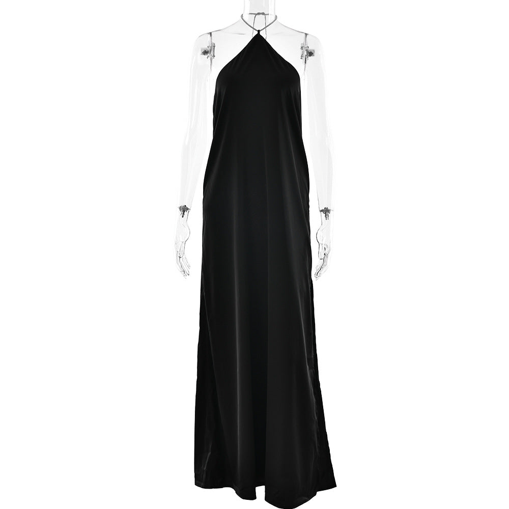 High-Grade Satin Halter Neck Dress with Sexy Backless Design, Solid Color Slit Fitted Long Dress