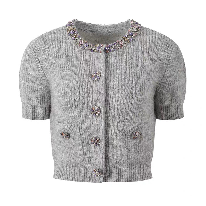 Fashion Style Oversized Knit Cardigan with Alpaca Wool, Colorful Rhinestone EmbellishmentOpen Front Women's Sweater