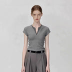 Short Sleeve T-Shirt Versatile Slim Fit  Gray V-Neck Sexy Knit Top