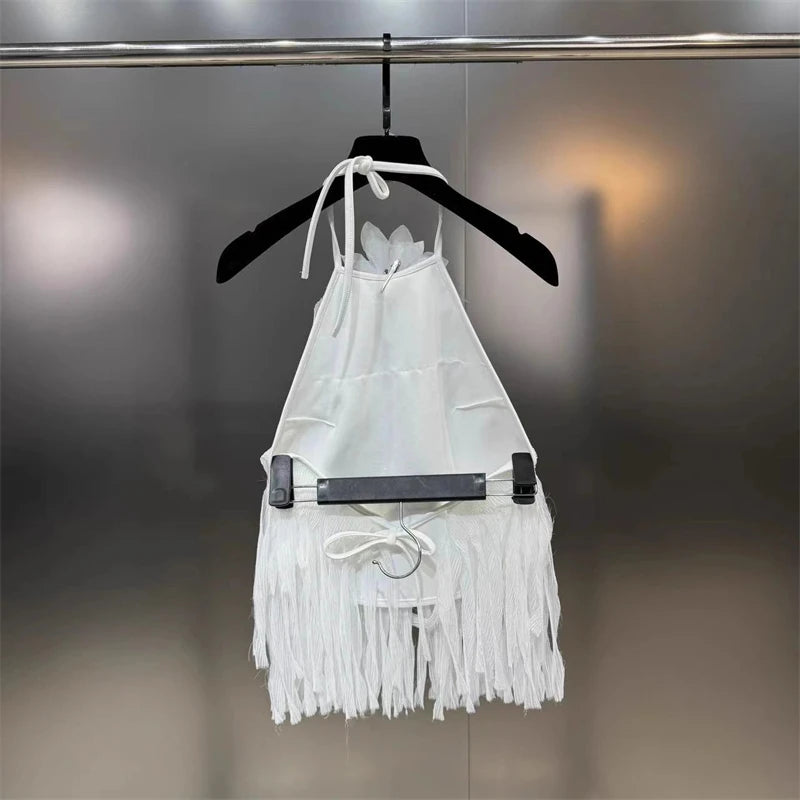 Summer new women's 3D three-dimensional flower decoration halter neck backless tassel streamer vest y2k fashion sexy holiday top
