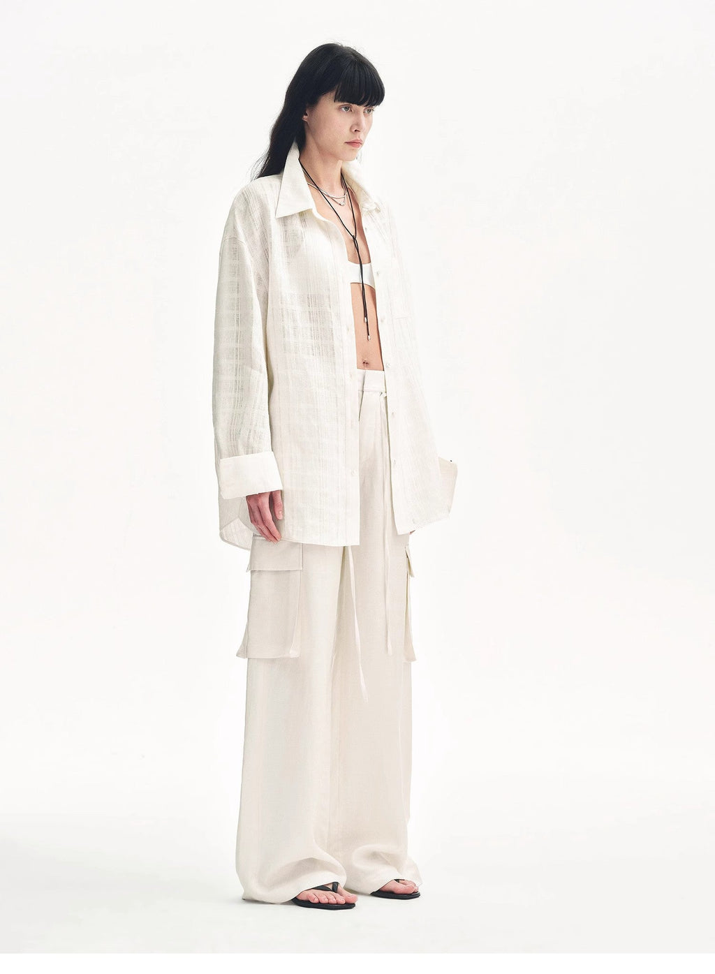 "Rhythm in the Same Frequency" Tencel linen workwear style wide-leg casual pants