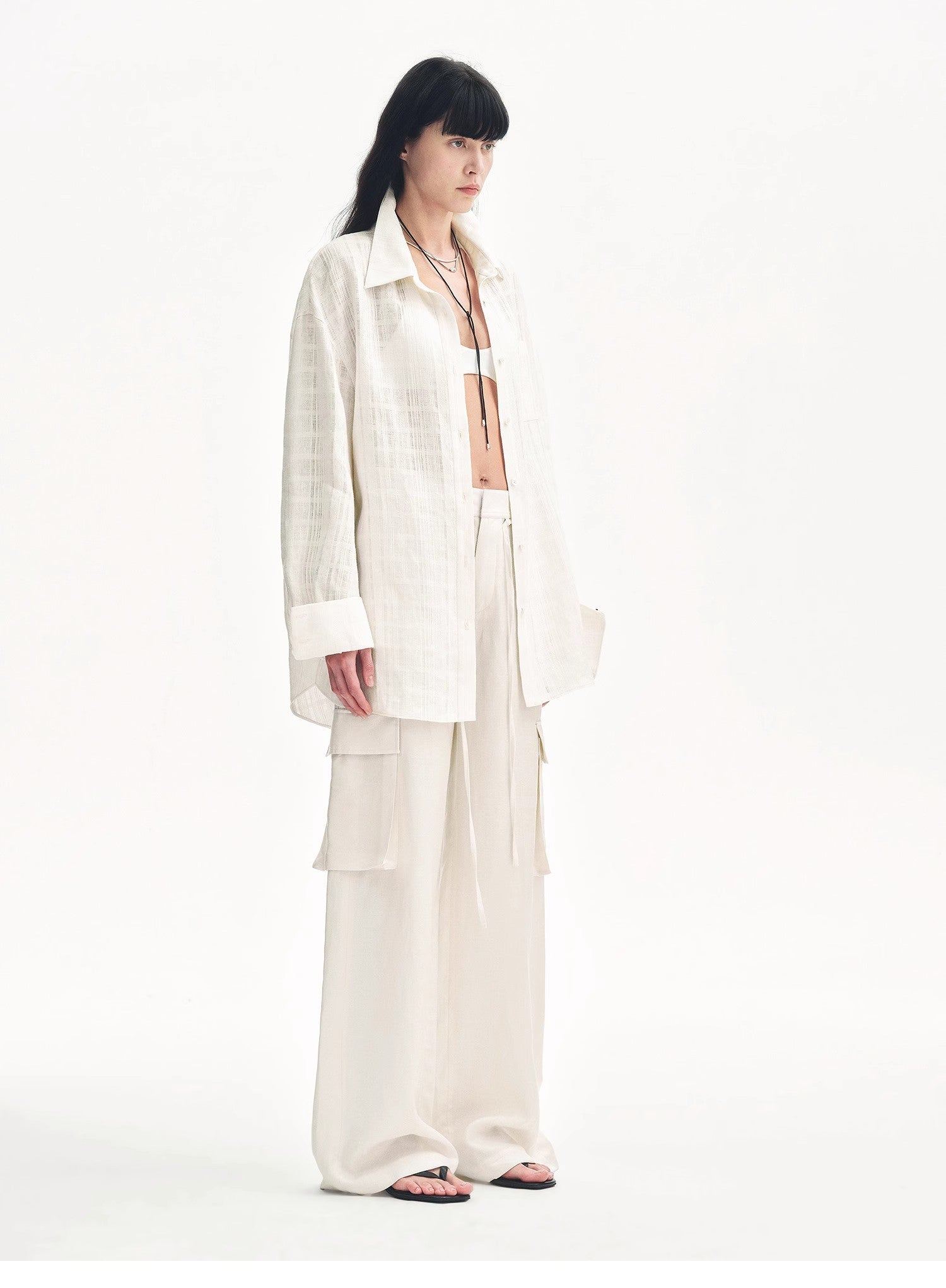 "Rhythm in the Same Frequency" Tencel linen workwear style wide-leg casual pants