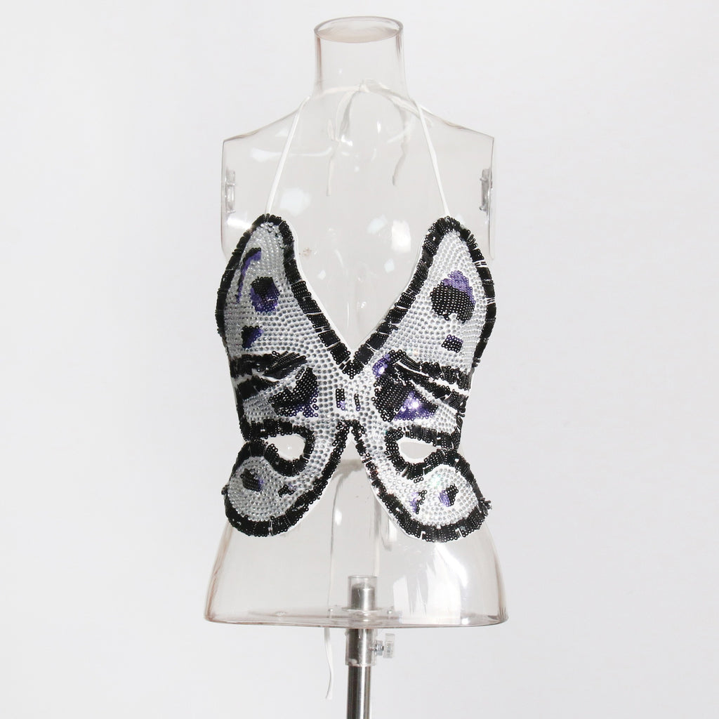 Sexy hot girl style butterfly pattern crystal sequin halter top for women