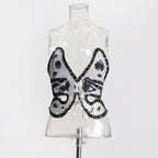 Sexy hot girl style butterfly pattern crystal sequin halter top for women