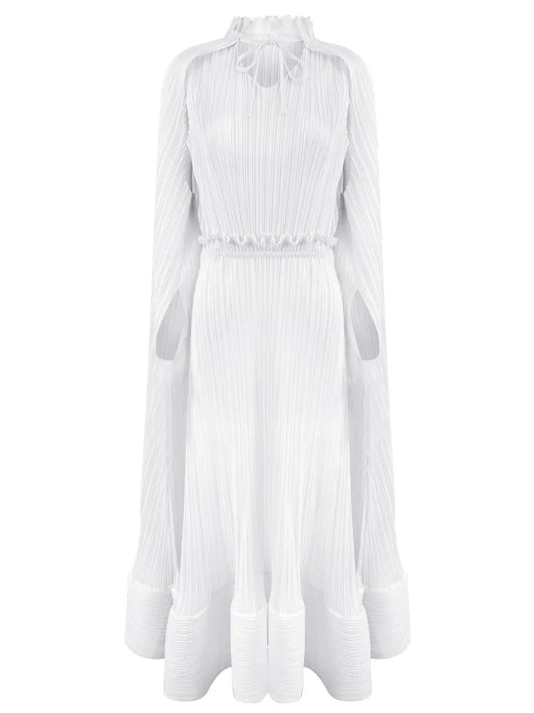 Miyake Pleated Cloak Sleeves High Waist Dress Women  Autumn New Original Designer Sweetheart Neck Ruffles Irregular Clothes