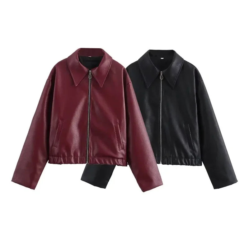 Solid Leather Jackets Elegant Luxury Women's Coat American Vintage Jacket Women Summer Basics Leather Jackets