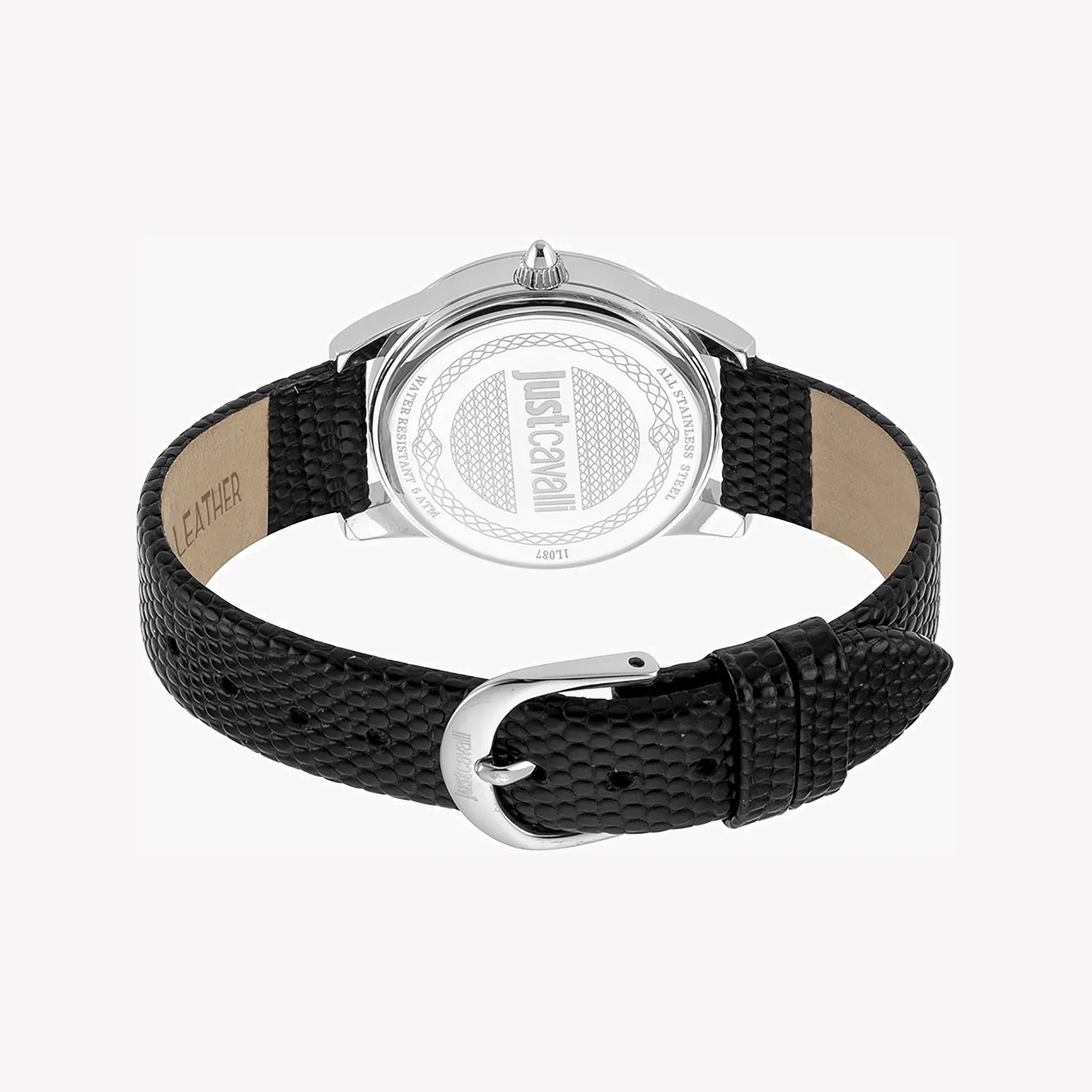 Just Cavalli Women's Black Leather Watch, Silver Dial | Jc1l087l0015