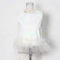 Hepburn Style Design Ostrich Hair Stitching Top New Round Neck Simple Short Solid Color Vest Women