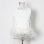Hepburn Style Design Ostrich Hair Stitching Top New Round Neck Simple Short Solid Color Vest Women