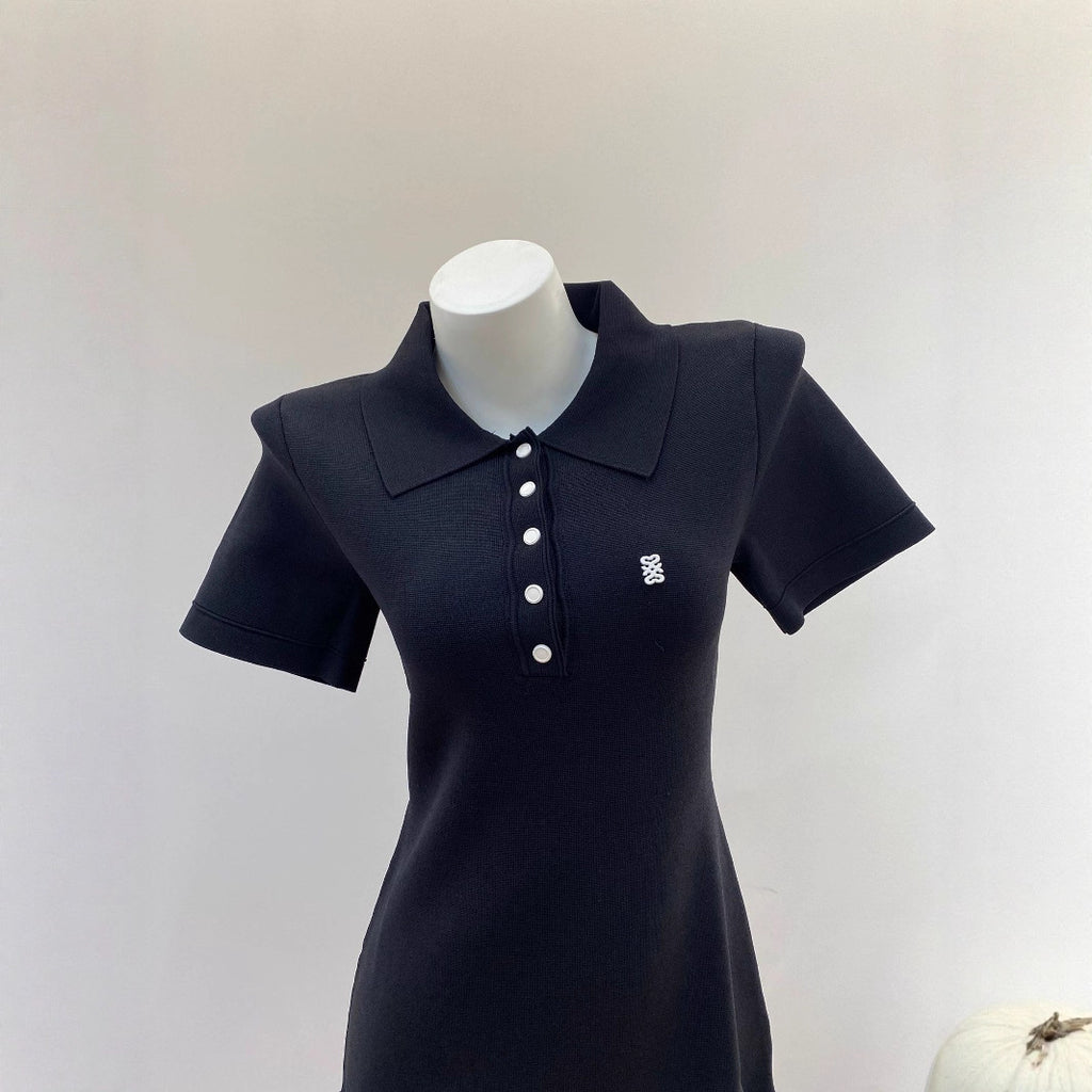 South Oil Style SDmiddot;Early Autumn Polo Collar Pleated Dress Solid Color Tennis Golf Women's Knit Dress