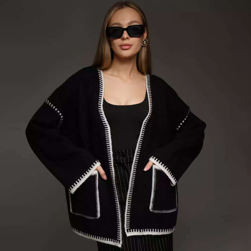 Knitted Cardigan with Tie-Up Detail, Loose Fit, Color-Blocking Sweater