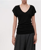 Simple Layered Design Deep V-Neck Short Sleeve T-Shirt Slim Fit Collarbone Revealing Top