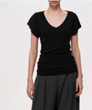 Simple Layered Design Deep V-Neck Short Sleeve T-Shirt Slim Fit Collarbone Revealing Top