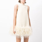 Ostrich Feather A-Line Dress Unique Design Stand Collar Sleeveless Solid Color Dress