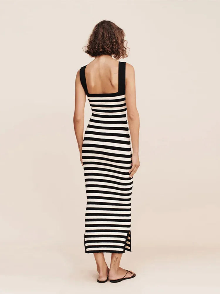Fashion Black White Striped Women Knitted Midi Dress Elegant Square Neck Sleeveless Split Bodycon Dresses Summer Lady Chic Robe