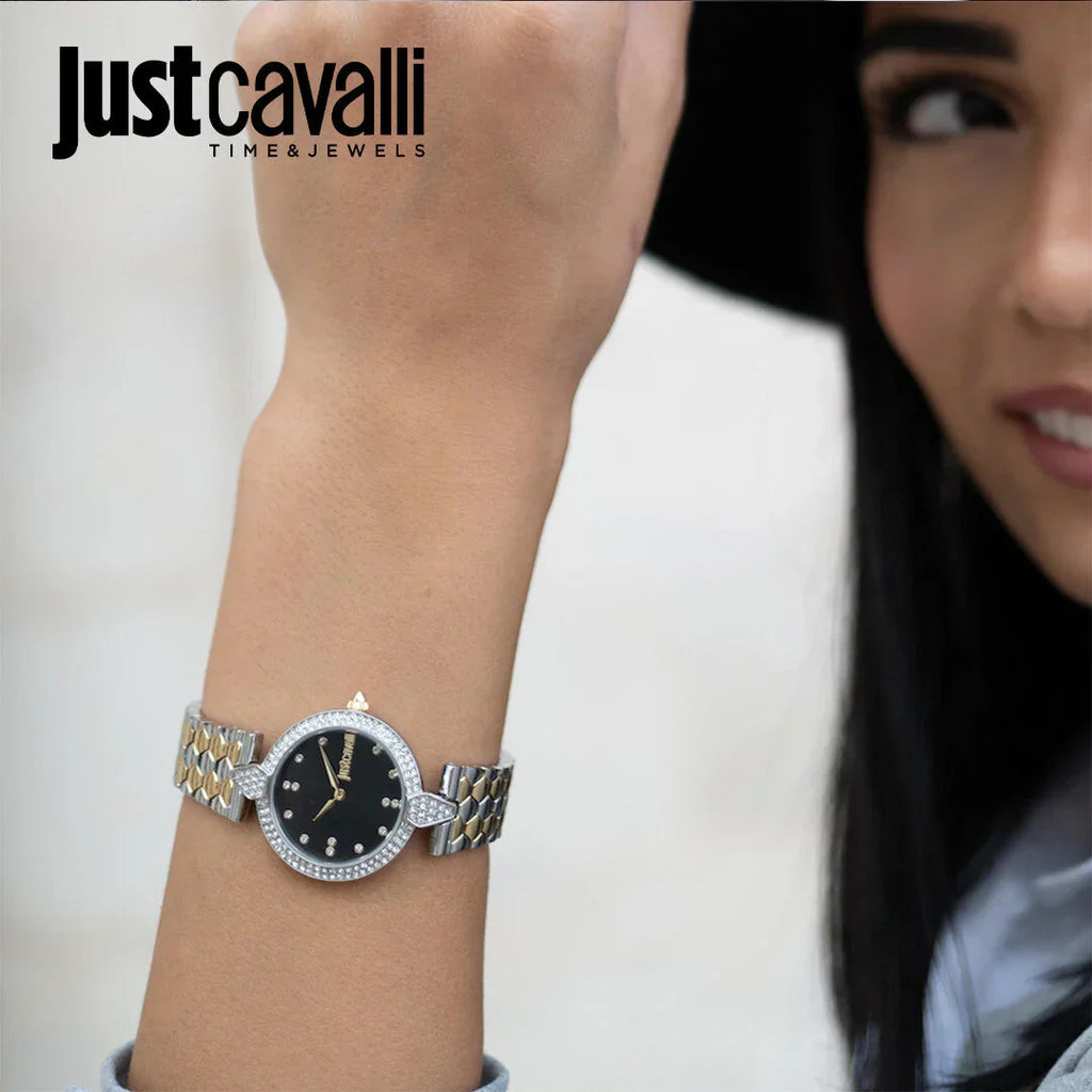 Just Cavalli Women's Silver & Gold Watch, Black Dial | Jc1l159m0095