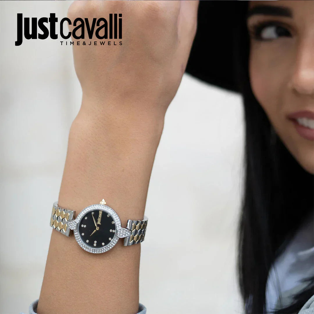 Just Cavalli Women's Silver & Gold Watch, Black Dial | Jc1l159m0095
