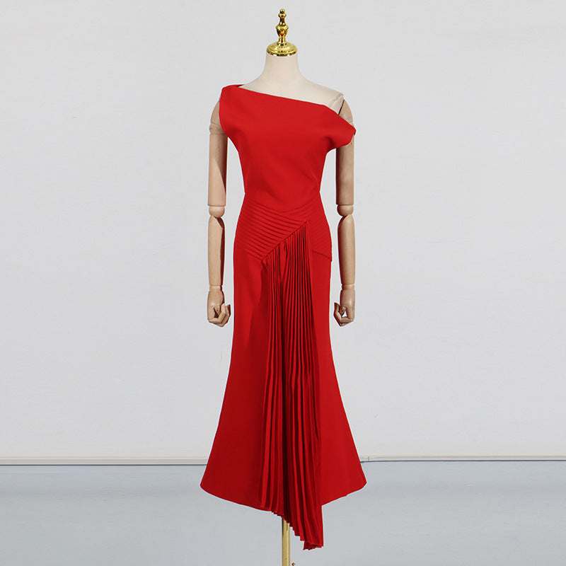 Elegant Lady-Style Dress Pleated Design Slim Fit White Evening Gown