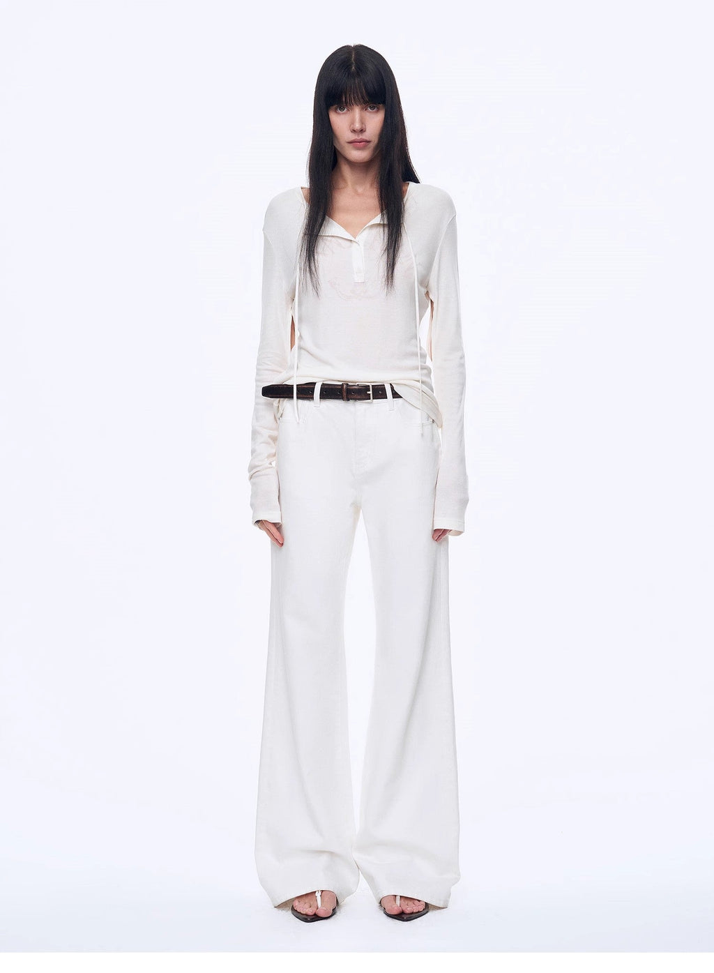 "Minimal Message" ethnic print modal knit henley collar tie long sleeve T-shirt top