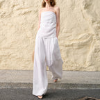 French Unique Design Pure Linen Tube Top Women's Backless Fitted Irregular Pleated Sleeveless Blouse