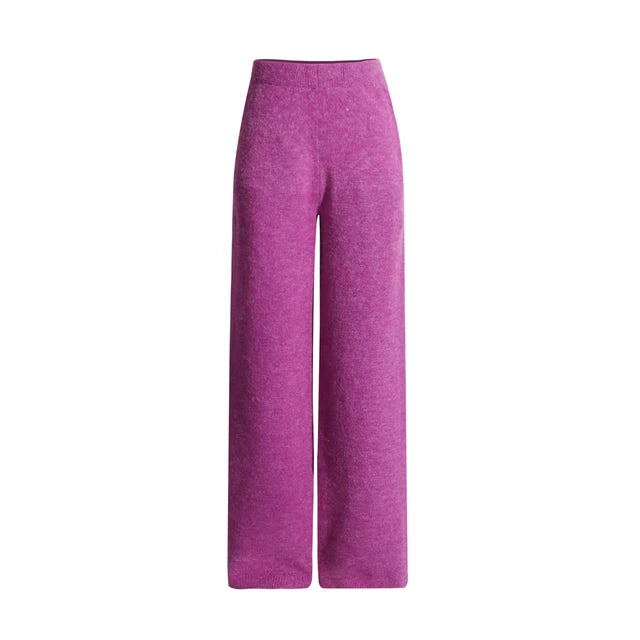 Women's fashionable and casual set consisting of a solid-color round-neck knitted top with a slit design and high-waisted straight-leg long pants