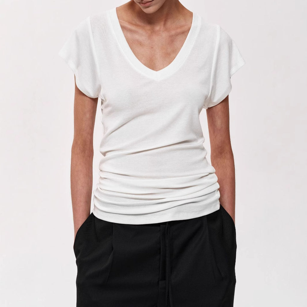 Simple Layered Design Deep V-Neck Short Sleeve T-Shirt Slim Fit Collarbone Revealing Top