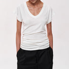Simple Layered Design Deep V-Neck Short Sleeve T-Shirt Slim Fit Collarbone Revealing Top