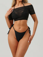 One shoulder mesh bikini three piece swimsuit