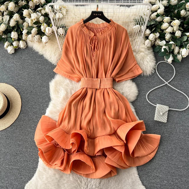 Summer lace up waist ruffled hem fluffy dress