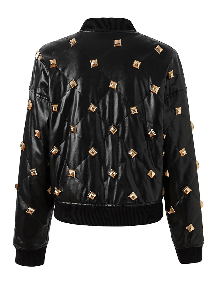 HIGH STREET Newest  Fall Winter Designer Jacket Women's Rivet Buckle Stand Collar Threaded Splicing Leather Jacket