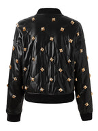 HIGH STREET Newest  Fall Winter Designer Jacket Women's Rivet Buckle Stand Collar Threaded Splicing Leather Jacket