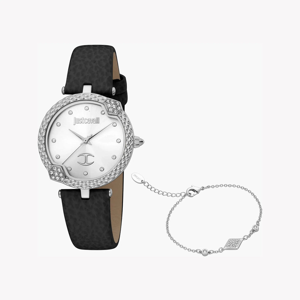 Just Cavalli Women's Silver Watch, Black Leather Band | Jc1l197l0015