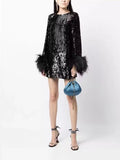 Sequin Feather Patchwork Dress For Women Long Sleeve Spliced Design Single Button High Waist Skirts Female New