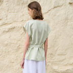 Elegant Loose Short Sleeve T-Shirt for Women - High-End Tencel Linen Swing Collar Office Wear with Belt