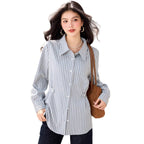 Blue Striped Polo Neck Shirt for Women  Long Sleeve, Casual Design