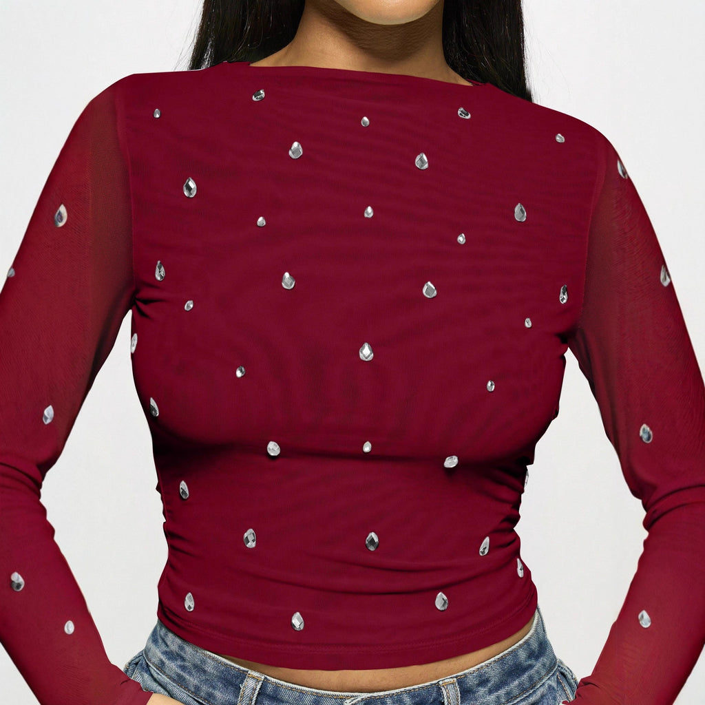 Long sleeved double-layer mesh rhinestone hot pressed women's top