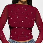 Long sleeved double-layer mesh rhinestone hot pressed women's top