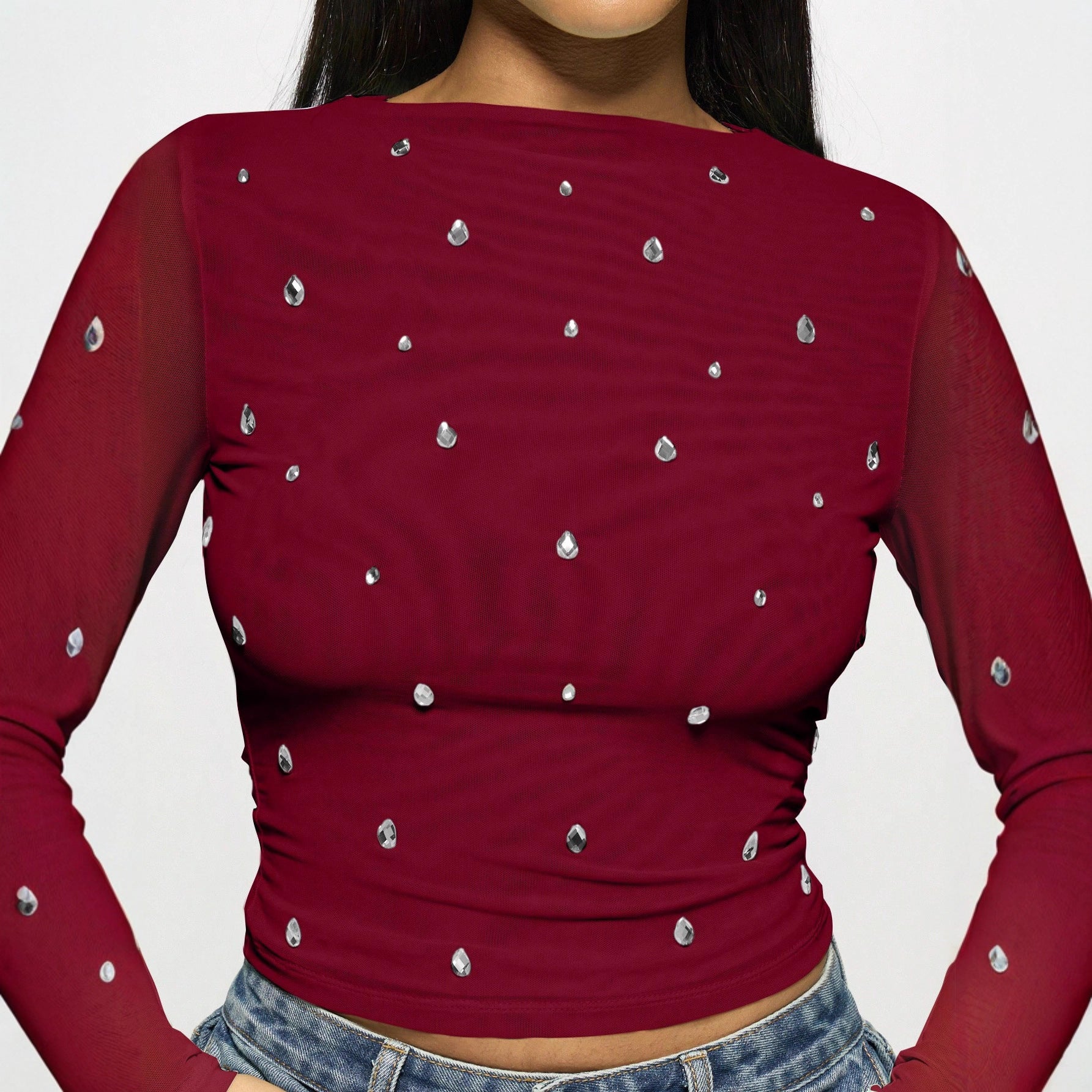 Long sleeved double-layer mesh rhinestone hot pressed women's top