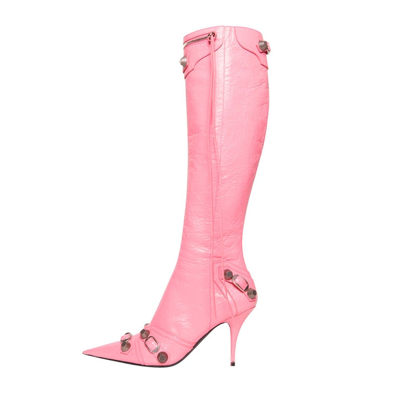 Women's Sexy High Heels Metal Buckle Luxury Shoes Fashion Pointed Toe Ankle Boots Black Stiletto Dress Party Short Boots