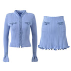 Home Mist Blue New Chinese Style Embellished Beaded Ruffle Cardigan Top and Short Skirt Set