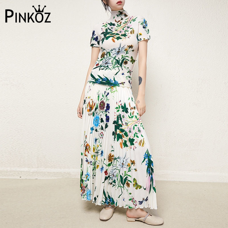 Designer Floral Pattern Women Two Piece Sets Summer Stand Collar Elastic Tops Slimy Tee Pleated Maxi Skirt