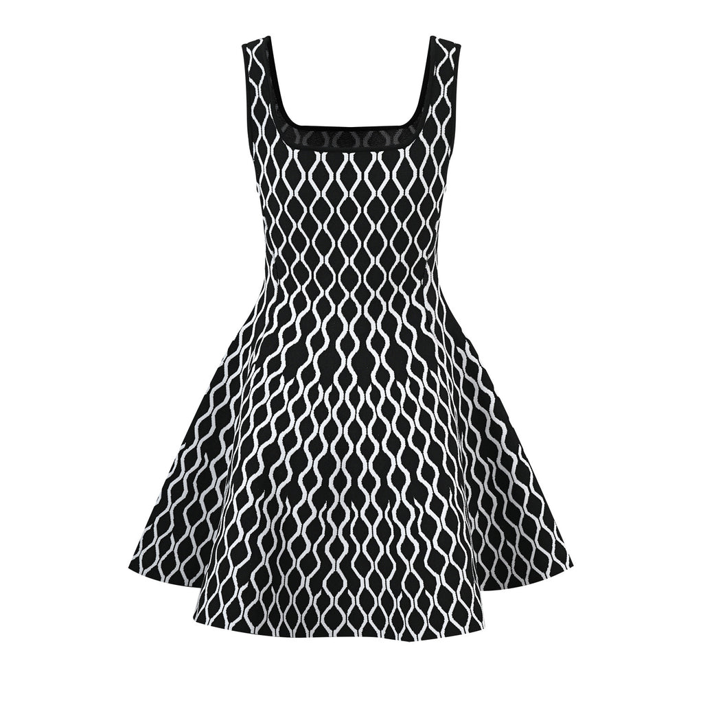 New niche design water ripple contrasting color waist slimming fashion suspender dress