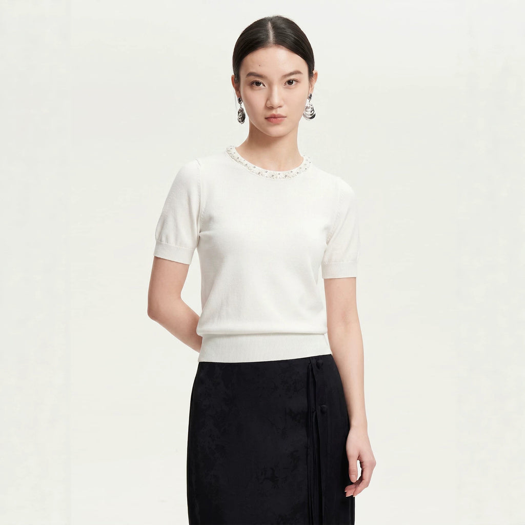 Fashion Embellished Beaded Round Neck Solid Color Knit Short Sleeve T-Shirt for Women Summer Stylish Slim Fit Top